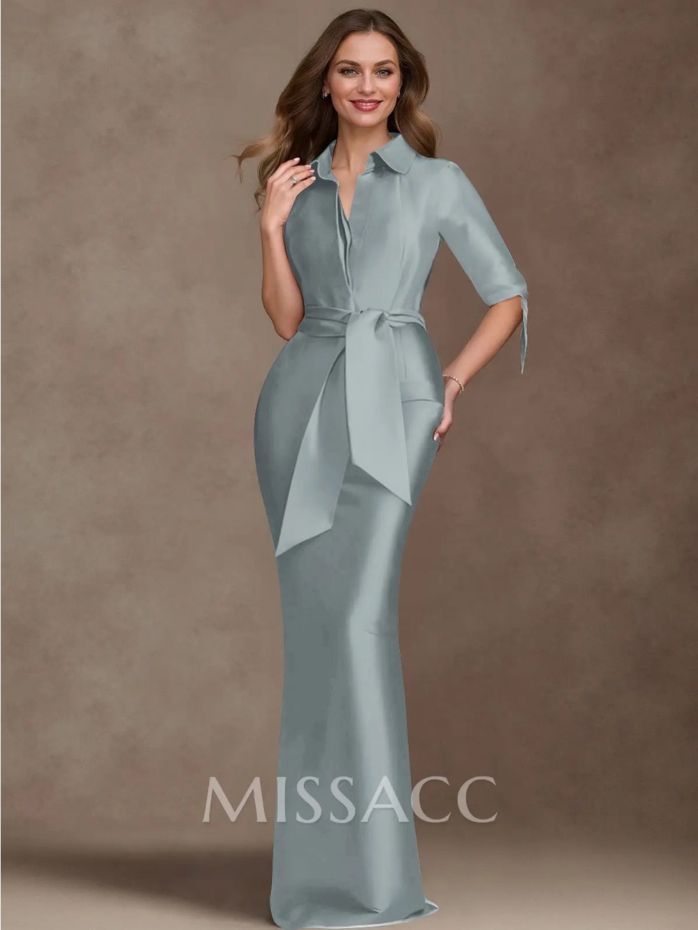 Dusty Blue Satin Shirt-Style Evening Dress by Missacc